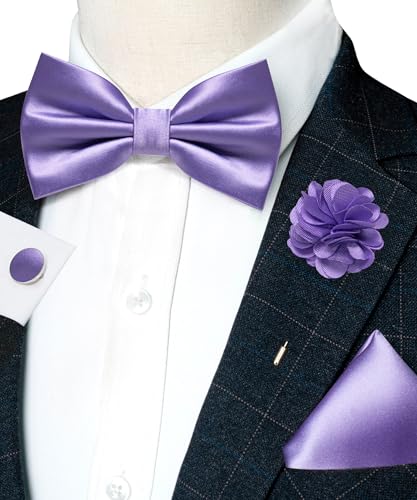 Image of RBOCOTT Solid Color Bow Tie and Pocket Square with Lapel Pin Cufflinks Set 4PCS