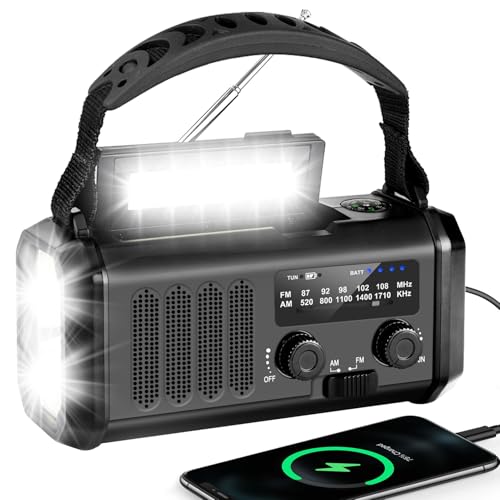 YIKANWEN Kurbelradio mit 20000mAh Akku Wiederaufladbare, Tragbar Solar Radio Dynamo mit AM/FM/NOAA, Power Bank, LED Camping Licht, SOS-Alarm, Kompass, Schwarz