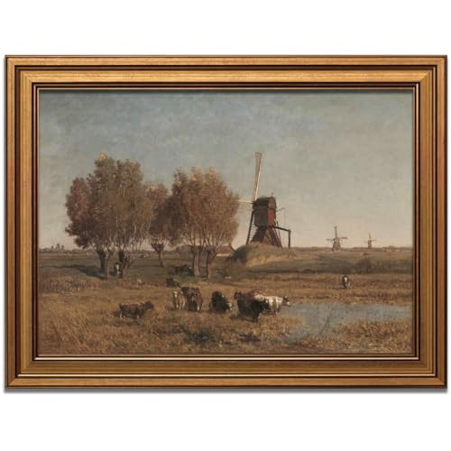 Vintage Gold Framed Dutch Windmill Landscape Poster Canvas Print Rustic