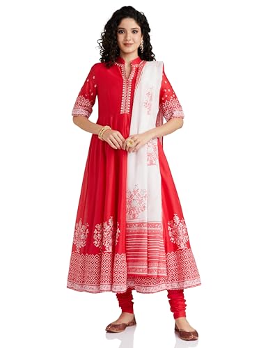 Image of BIBA Women Cotton Anarkali Printed Kurta Churidar Suit Set