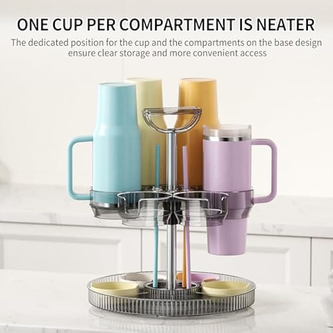 Rotating Water Bottle Organizer for Stanley Cup 20/30/40oz, Tumbler Holder Organizer for Kitchen Cabinets, Drying Rack with Storage Tray for Stanley Cup Accessories Snack Caddy K-Cup(GREY)