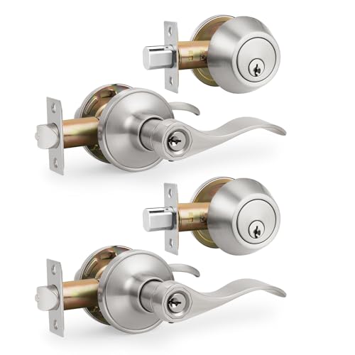 Gobrico Satin Nickel Keyed-Alike Door Levers and Single Cylinder Deadbolts