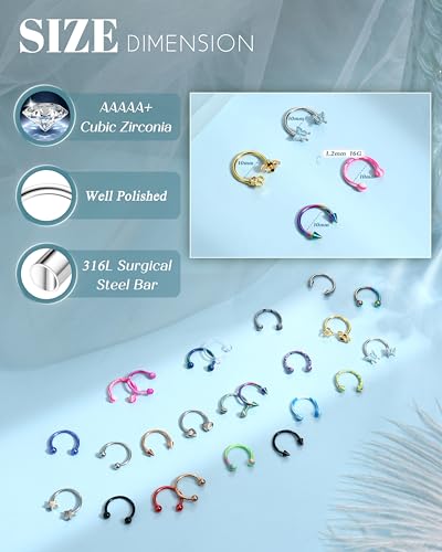 BESTEEL 24 PCS Septum Nose Rings for Women 16G - Hypoallergenic Horseshoe Lip Daith Piercing Jewelry Cute Small Stainless Surgical Steel Rook Conch Helix Tragus Daith Cartilage Earrings Hoops Set 10mm3