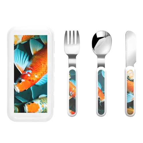 HD Koi Fish Print Stainless Knife Fork Spoon 3-Piece Set,Flatware Cutlery Set with Storage Case