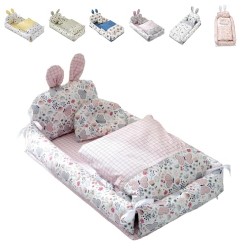 ShineLuxeベビーベッド 新生児 添い寝 枕付き ベッドインベッド 簡易ベッド 持ち運び 携帯型ベビーベッド ウサギの耳の形 かわいい ベビー布団 通気性 取り外し 洗える可能 0-8ヶ月 出産祝い (85*50*12CM,バタフライラブ【4点セット