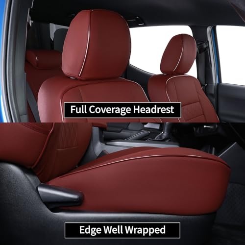 Image of EKR Custom Fit Tacoma Front Car Seat Covers for Select Toyota Tacoma 2016 2017 2018 2019 2020 2021 2022 2023 Double Cab /Access Cab - Front Row Only,Leather (Burgundy)