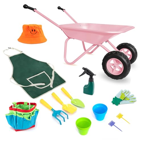 Image of Pink Wheelbarrow for Kids with 12 PCS Toddler Gardening Tool Set(Pink Set) | Apron,Gloves,Hat,Flower Pot,Bag,Label,Watering Sprayer,Pointed Shovel,Square Shovel,Rake