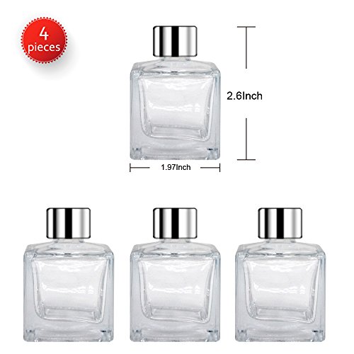 Feel Fragrance Glass Diffuser Bottles With Silver Caps Refillable Diffuser Bottles Set Of 4-2.5" High, 50Ml 1.7 Fl Oz. Small Square Shape, Diffuser Jars For Home Fragrance #TOP1