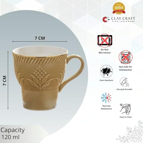 Image of Clay Craft Fine Ceramic Tea Cups Set of 6| 120 Ml Designer Cups with Elegant Texture & Gold Rim | Ideal for Tea Serving| Home| Guests & Gifting