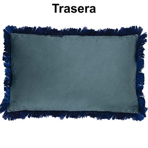 Coussin rectangulaire en velours bleu avec franges et fermeture éclair - 3