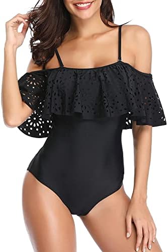 Tempt Me Black Women One Piece Bathing Suits Off Shoulder Ruffle Swimsuits with Sleeve Flounce Tummy Control Swimwear L