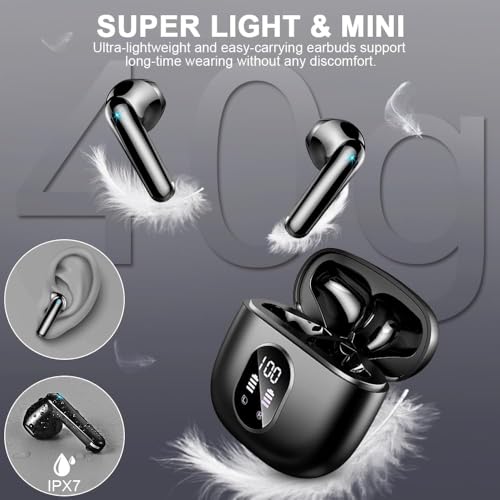 Image of Wireless Earbuds, Bluetooth Headphones, Stereo Bass Ear Buds with ENC Noise Cancelling Mics, Bluetooth Earbuds with LED Display Charging Case, IP7 Waterproof Earphones for Android iOS /Glossy black