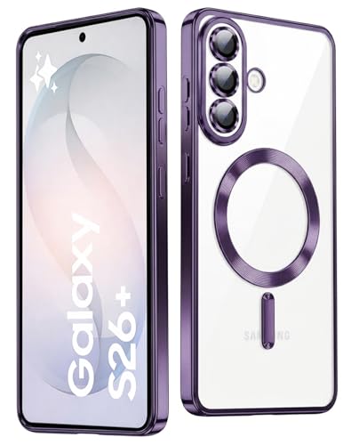 Image of VONZEE Clear Logo Electroplating Transparent Case for Samsung Galaxy S26 Plus 5G, Magnetic Plating [Support for MagSafe Charger] Electroplate TPU Cover- Deep Purple