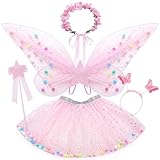 SVMK 5pcs Girls Fairy Wings Costume Kids Toddler Butterfly Wings with Wand Tutu Skirt Crown Headband Princess Halloween Dress Up Gift (Pink)