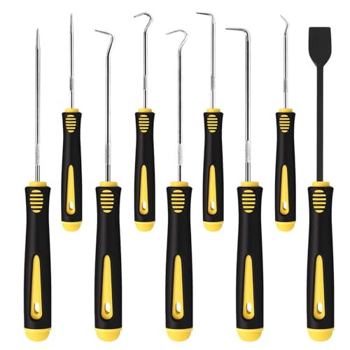 Pahiuii 9PCS Hook and Pick Tool Set with Scraper- Automotive Pick Set with Metal Pick Tools & Ergonomic Grip, Mechanic Tool Set for Car Repair, O-Rings, Gaskets, and Tight Spaces