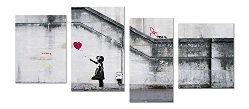 Panorama Tableau Graffiti Banksy Fille avec Ballon Rouge 70x30cm divisé en 4 pièces - Impression sur Toile avec Châssis en Bois - Affiche Graffiti