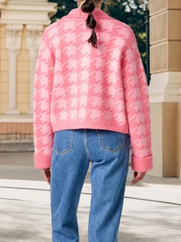 Women’s Plaid Cropped Cardigan Sweater Long Sleeve Knit Jacket with Lapel Collar Button Down Casual Coat4