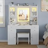 Wakefit 42'' Vanity Desk with Mirror and Lights, White Makeup Table with Power Outlet, Large Dressing Desk with Drawers and Cabinet, LED Light with 3 Color Modes and Adjustable Brightness