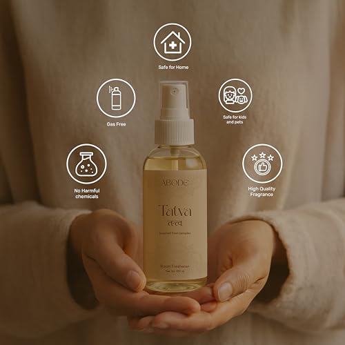 Image of ABODE Tatva Room Freshener Spray | Temple Fragrance | Sandalwood, Tulsi, Camphor & Jasmine Blend | Non-Toxic | Best Room Freshener |100ml /3.3 Oz