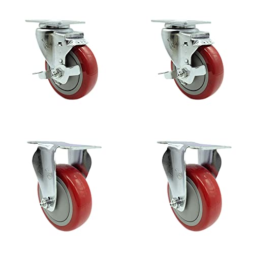 Polyurethane Swivel Top Plate Caster Set of 4 with 4 Inch Red Wheels - Includes 2 Swivel with Top Locking Brakes and 2 Rigid - 1400 lbs. Total Capacity - Service Caster Brand