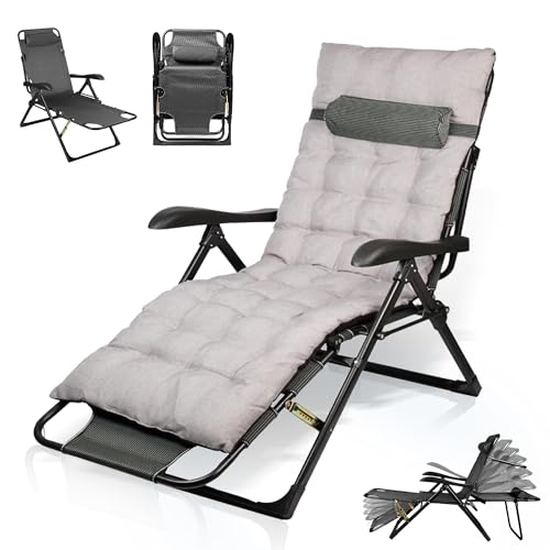 AYDFUORT Tumbona plegable, tumbona de jardín, tumbona de jardín plegable, respaldo ajustable, sillón de relax para jardín, con cojín, soporte para bebidas, tumbona de balcón, soporta 150 kg (gris)