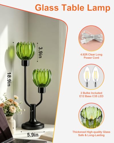 Image of Lightdot Vintage Green Flower Table Lamp Bulbs Included Dimmable Glass Lamp | Nightstand Lamp Mid Century Modern Black Desk Lamp Warmwhite Ambient Bedside Lamp for Living Room Bedroom Home Decor Gift