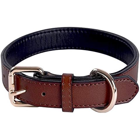 Genuine Leather Adjustable Dog Collar of Soft Thick Padded Collars Best for Small Medium Large Breed Dogs(Brown) (Small) Cover