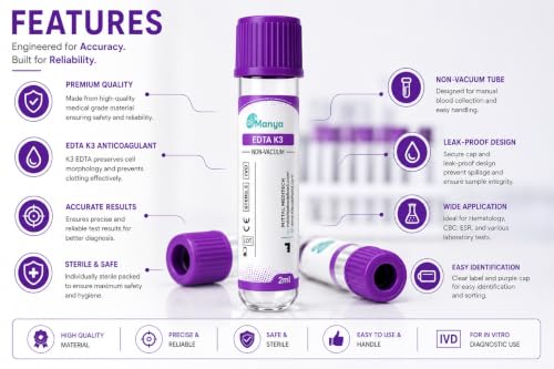 Image of Dr.Manya EDTA K3 Non-Vacuum Blood Collection Tube, 2ml Capacity, Purple Cap, Sterile Disposable Vacutainer for CBC & Hematology Testing, Pack of 100 - Mittal Meditech