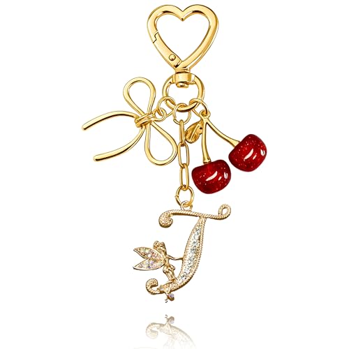 JINGSEN Initial Keychain with Bow and Cherry,Gold...