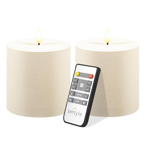 smtyle 4 x 4 Ivory LED Flameless Battery Plastic Operated Flickering Pillar Candles with Remote Set of 2 for Bathroom Coffee Table or Dining Table Decor
