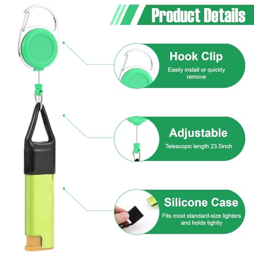 Image of Tarini 2Pcs Retractable Lighter Leash Keychain 1 Black+1 Green Anti-Lost Lighter Holder with Metal Clip, 25.6 Inch Cord for Fishing Hiking Camping Everyday Carry