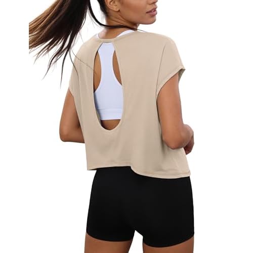 Totatuit Womens Open Back Workout Tops Oversized Crop Gym Shirts Loose Fit Short Sleeve Athletic Tee for Running Yoga Khaki XX-Large