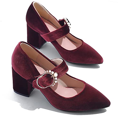 LEHOOR Women Chunky Heel Closed Pointed Toe Mary Jane Pumps Metal Buckle with Pearl Ankle Strap Mary Jane Heels Velvet Comfort Vintage Dress Shoes Block Heel Retro Bridal Party 4-11 M US3