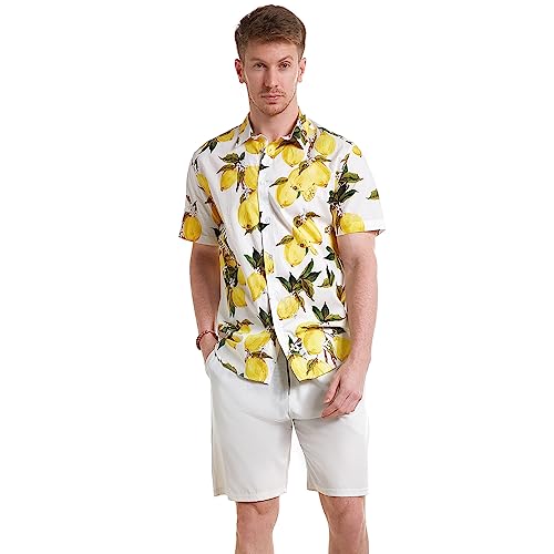 MCULIVOD Men's Printing Short Sleeve Casual Button Down Shirt,Hawaiian Tropical Fruit Pineapple Shirts2