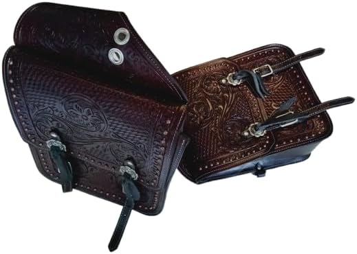 Horse Saddle Bag Cowhide Genuine Leather Western Equestrian Trail Tooling Carving Horse Saddle Bag Tooled Carved Pack Equipment Horse Saddle Bags Size: 10” L x 10” W x 3 ½” D inches, CRVD124