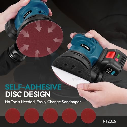 Yofidra Random Orbital Sander, 125mm Cordless Random Orbit 3 Variable Speeds, 12000 OPM, 2PCS 3.0Ah Battery and Charger, with Dust Collection for Wood and Steel 6 Yofidra Random Orbital Sander, 125mm Cordless Random Orbit 3 Variable Speeds, 12000 OPM, 2PCS 3.0Ah Battery and Charger, with Dust Collection for Wood and Steel - Image 6