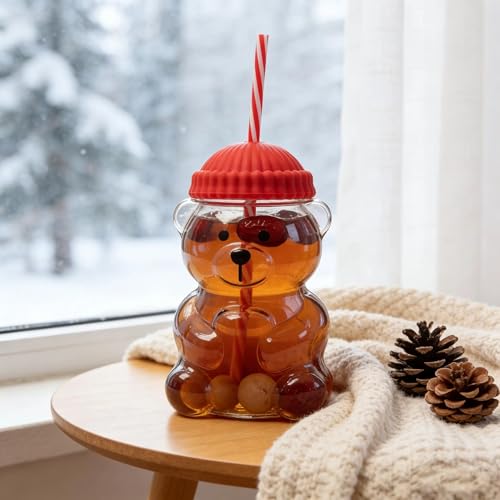 Image of New Glass Bear Straw Cup 600ML Cute Bear Glass Tumbler with Reusable Straw - Viral Animal Design for Smoothies, Boba & Iced Coffee (Orange)