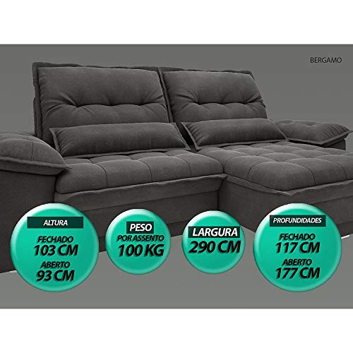 Sofá Bergamo Retrátil e Reclinável Velosuede Cinza 2,90m