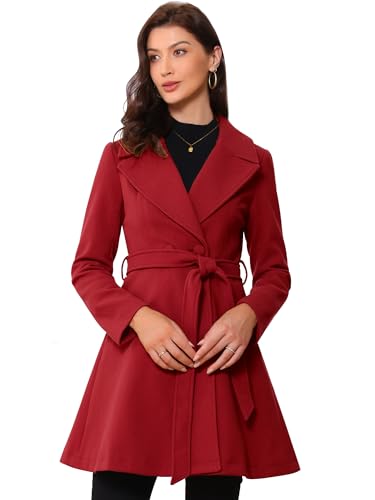 Image of Allegra K Winter Pea Coats for Women Shawl Lapel Overcoat Single Breasted Belted Long Trench Coat X-Small Dark Red