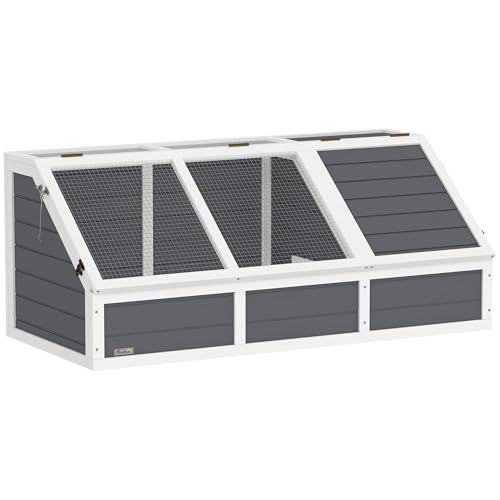 PawHut Casetta per Tartarughe di Terra senza Pavimentazione con Pannello Apribile e 2 Spazi Separati, Casa Tartarughe in Legno di Abete e Acciaio Zincato, 120x55x50A cm, Grigio Chiaro e Bianco