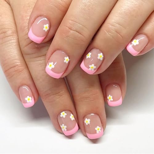 24 uñas postizas cuadradas a presión, uñas artificiales, uñas postizas, pegamentos en uñas, diseños de flores, puntas de uñas francesas