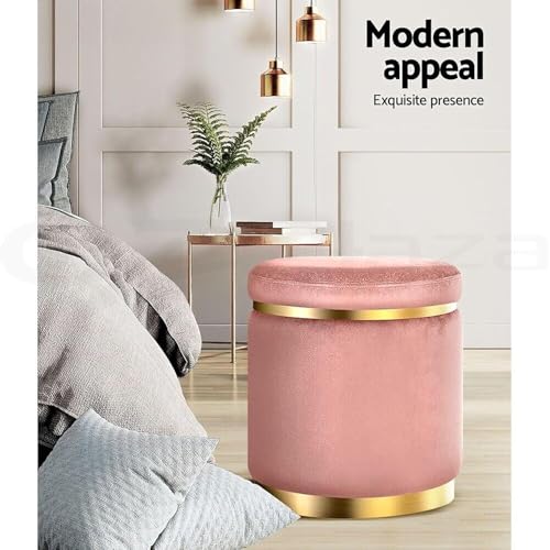 Image of Giftoshopee Velvet Puffy Ottoman Stool, Round Footrest with Diamond Quilting and Gold Base, for Living Room, Bedroom and Dressing Area (Pink)