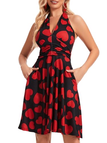 Image of Women's Festival Dress- Halter V Neck Sleeveless Ruffle Mini Dresses with Pocket