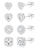 ZELORES Sterling Silver CZ Stud Earrings for Women 14K Gold Plated Cubic Zirconia Earrings Studs 4 Pairs Brilliant Celtic Heart Big Stud Earrings Set for Sensitive Ear (Silver Plated Tone-Set 1)