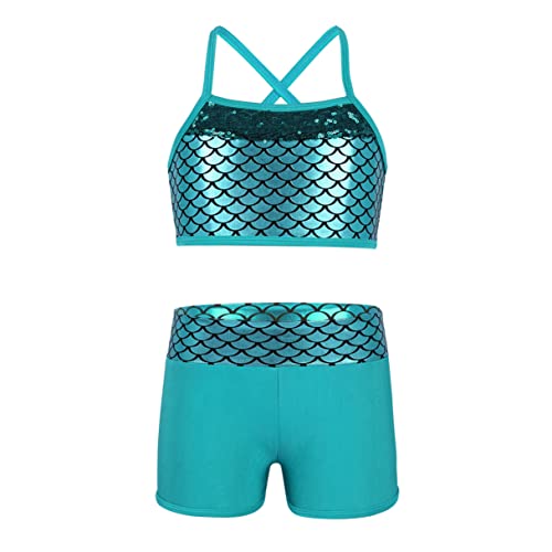 Image of Agoky Kids Girls 2PCS Sports Outfits Ballet Gym Sequins Mermaid Tank Top Shorts Set Tankini Swimwear Gymnastics Tracksuit