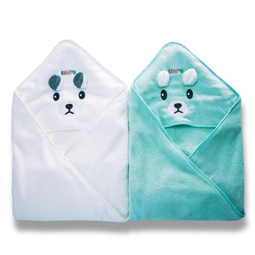 Image of Ioly's Hooded Baby Bath Towels for Newborn Essentials 41 inch Set of 2 Towels with Hood for Kids Babies Toddler Infant (Large) Baby Towel Cosas para Bebes recien nacidos Bath Items (White and Green Aqua)