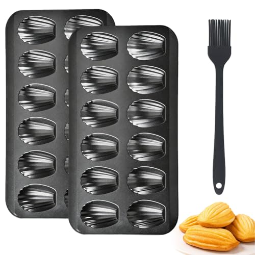 FARYODI Moule à madeleines 12 cavités en acier au carbone antiadhésif avec pinceau à huile en silicone, moules en silicone en forme de coquillage, pour...