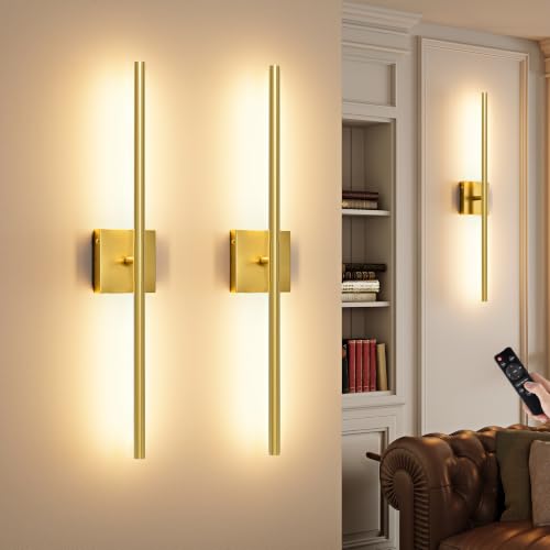 Image of Morauroral 36 Inch Battery Operated Wall Sconces Set of 2, Dimmable Battery Wall Sconce with Remote Control, Painted Gold LED Rechargeable Sconces, Modern Wireless Wall Lights for Bedroom, Living Room