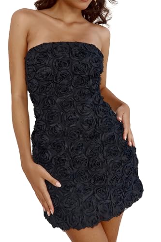Image of Womens Strapless Mini Dress Sexy Short Bodycon Off Shoulder Stretchy 3D Floral Appliques Tube Top Cocktail Party Dress
