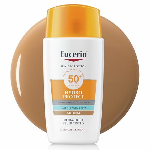Eucerin Hydro Protect Fluido Ultra Leggero SPF 50+ Tinted Medium 50 ml, Crema solare viso 50+ con filtri UVA/UVB, Protezione solare 50+ pigmentata, Crema colorata viso in fluido extra leggero